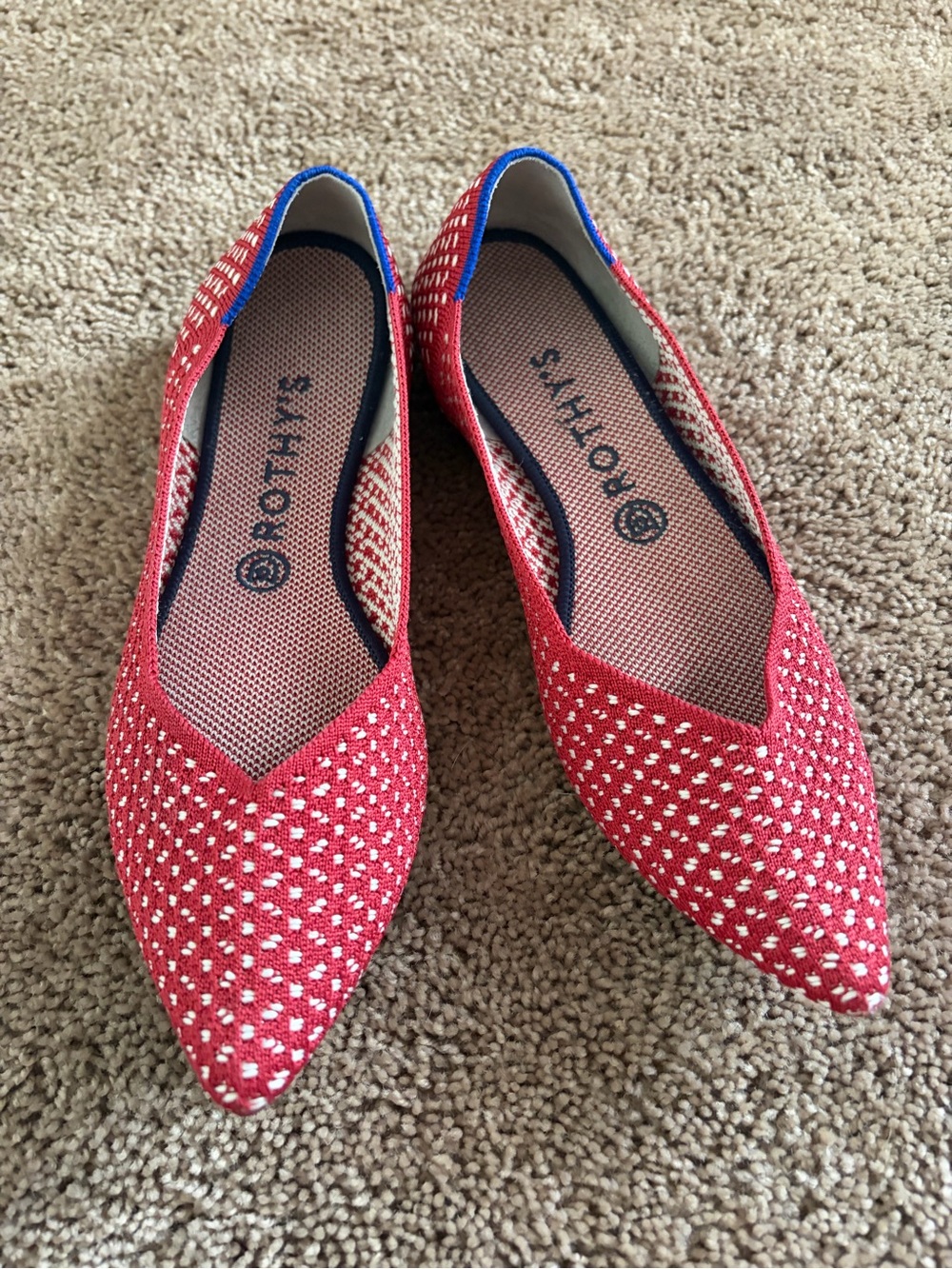 Rothy's Red Pointed Knit Flats with Blue Trim and Cream Dot Pattern